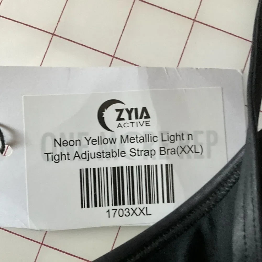 Zyia Active Sports Bra XXL Neon Yellow Metallic Light N Tight Adjustable Strap**